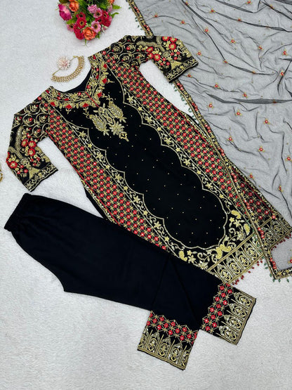 Black color Foux Georgette Threadwork Top and Pent Set with Soft Net Dupata