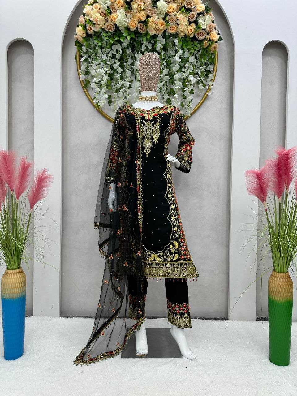 Black color Foux Georgette Threadwork Top and Pent Set with Soft Net Dupata