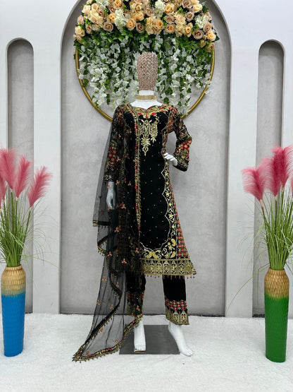 Black color Foux Georgette Threadwork Top and Pent Set with Soft Net Dupata