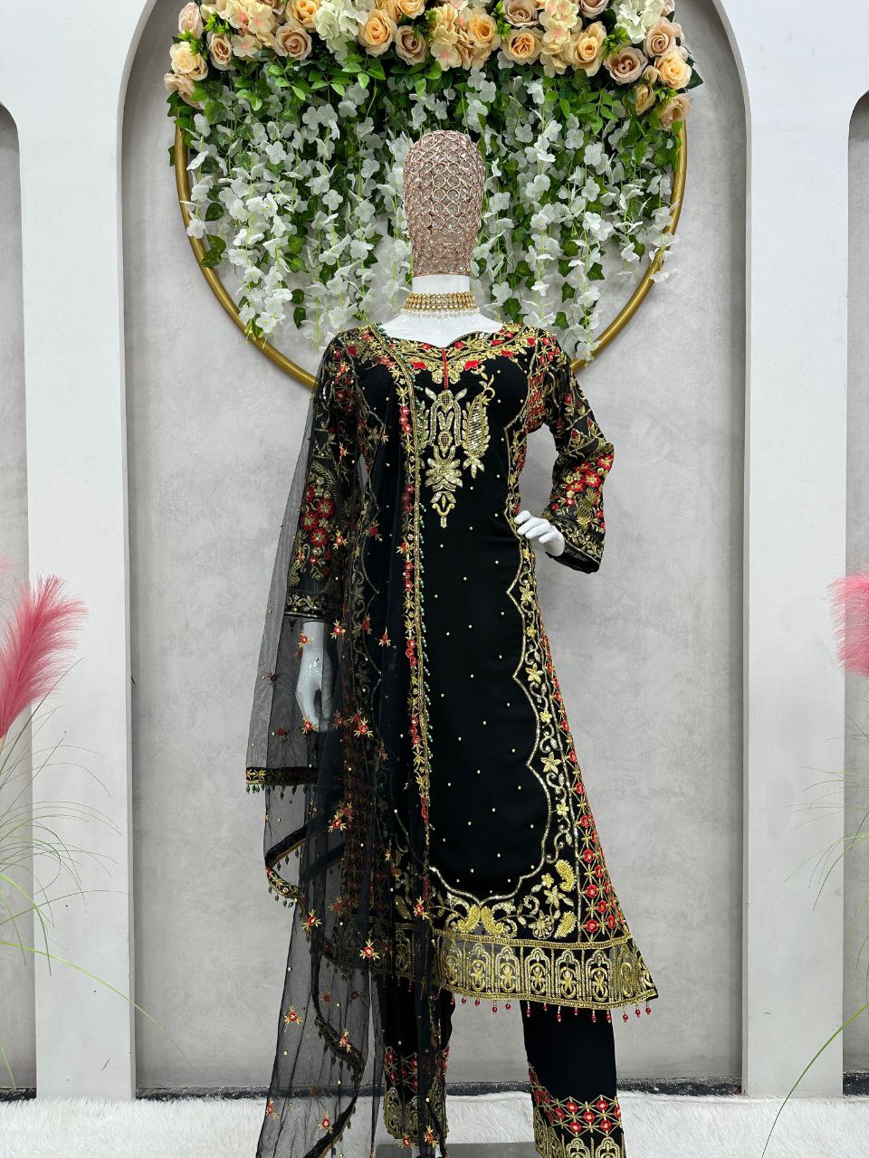 Black color Foux Georgette Threadwork Top and Pent Set with Soft Net Dupata