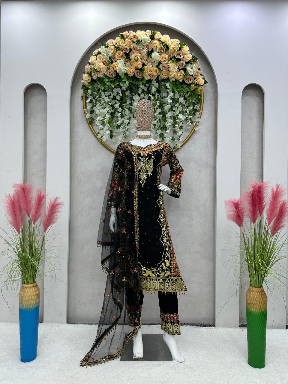 Black color Foux Georgette Threadwork Top and Pent Set with Soft Net Dupata