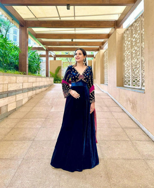 Blue Color Latest Long Velvet Embroidery Gown With Dupatta Ready to wear