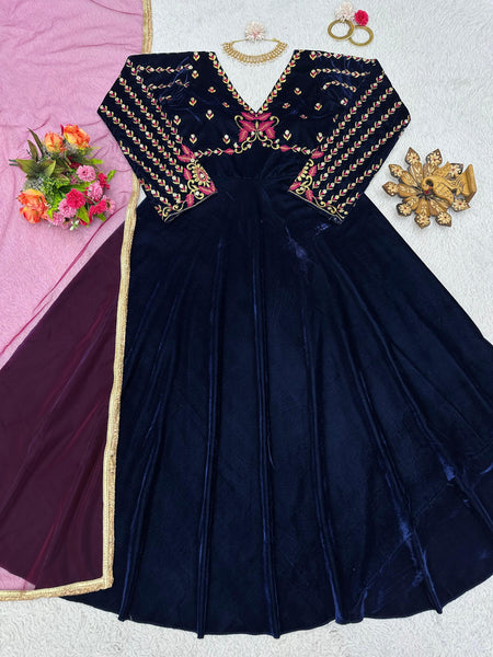 Blue Color Latest Long Velvet Embroidery Gown With Dupatta Ready to wear