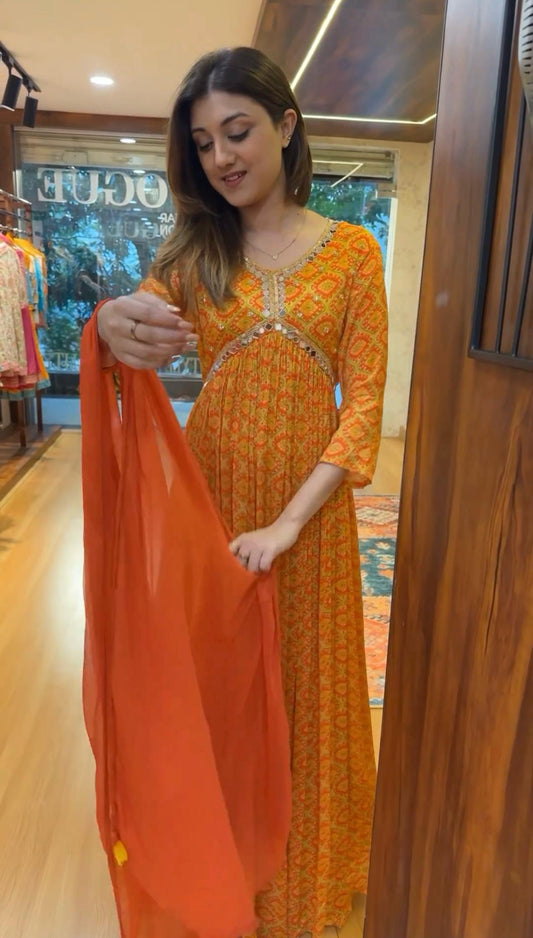 Orange Hand Work Digital Print Gown Dress with dupatta fur function wear