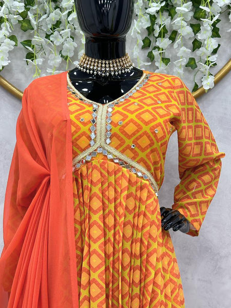 Orange Hand Work Digital Print Gown Dress with dupatta fur function wear