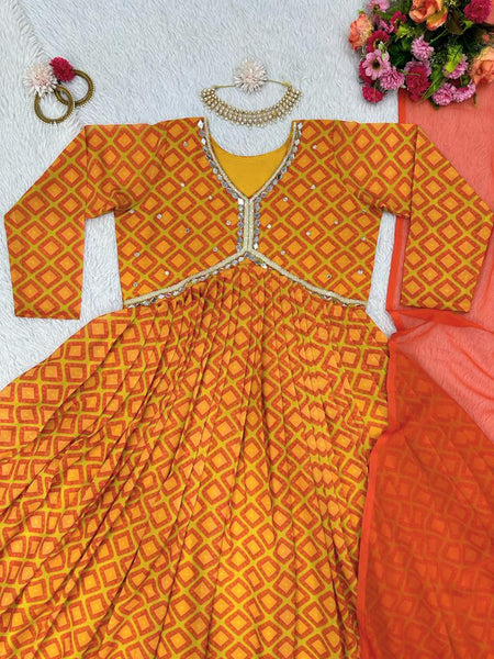 Orange Hand Work Digital Print Gown Dress with dupatta fur function wear