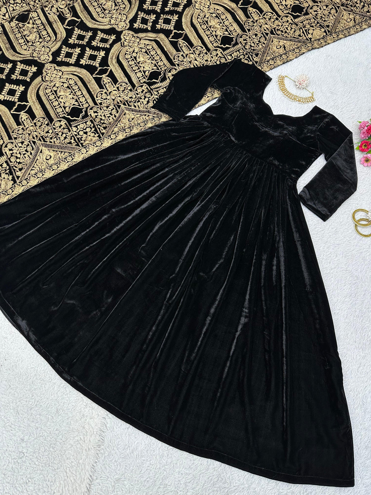 Black Velvet Long Anakali Gown Dupatta Set