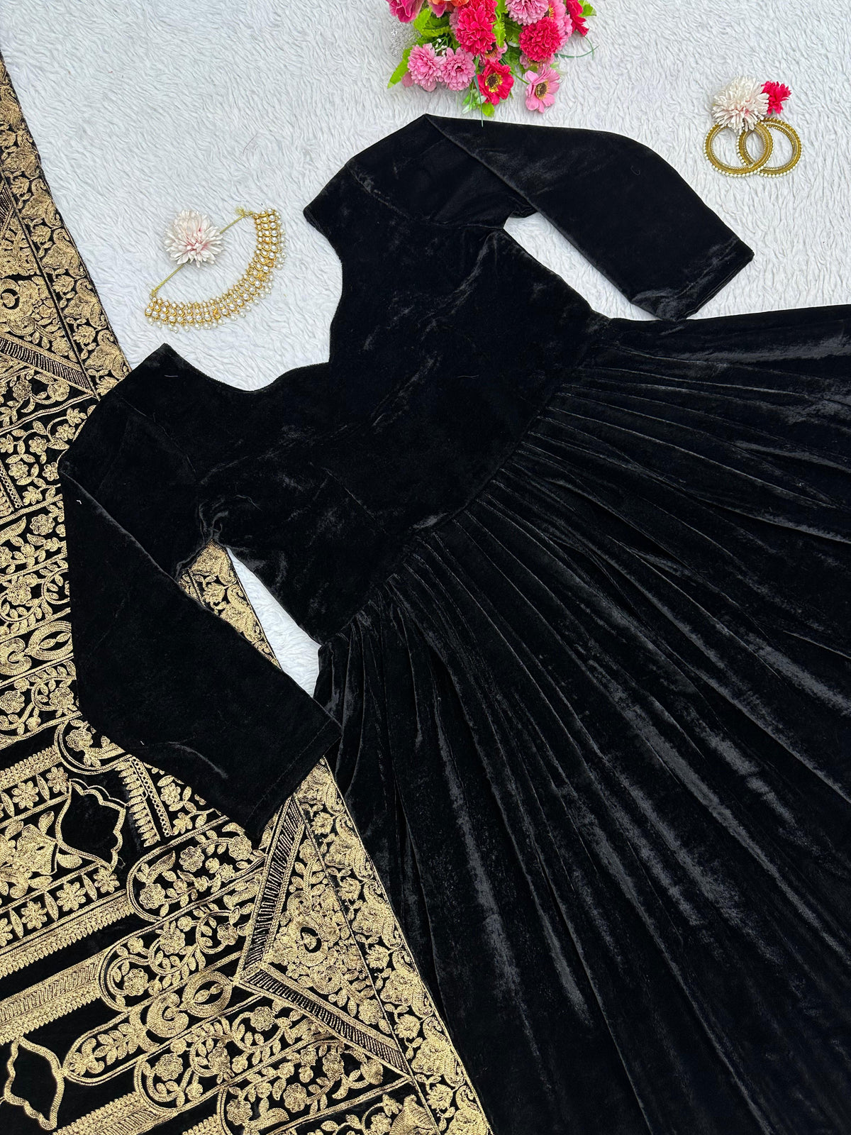 Black Velvet Long Anakali Gown Dupatta Set