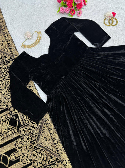 Black Velvet Long Anakali Gown Dupatta Set