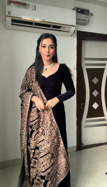 Black Velvet Long Anakali Gown Dupatta Set