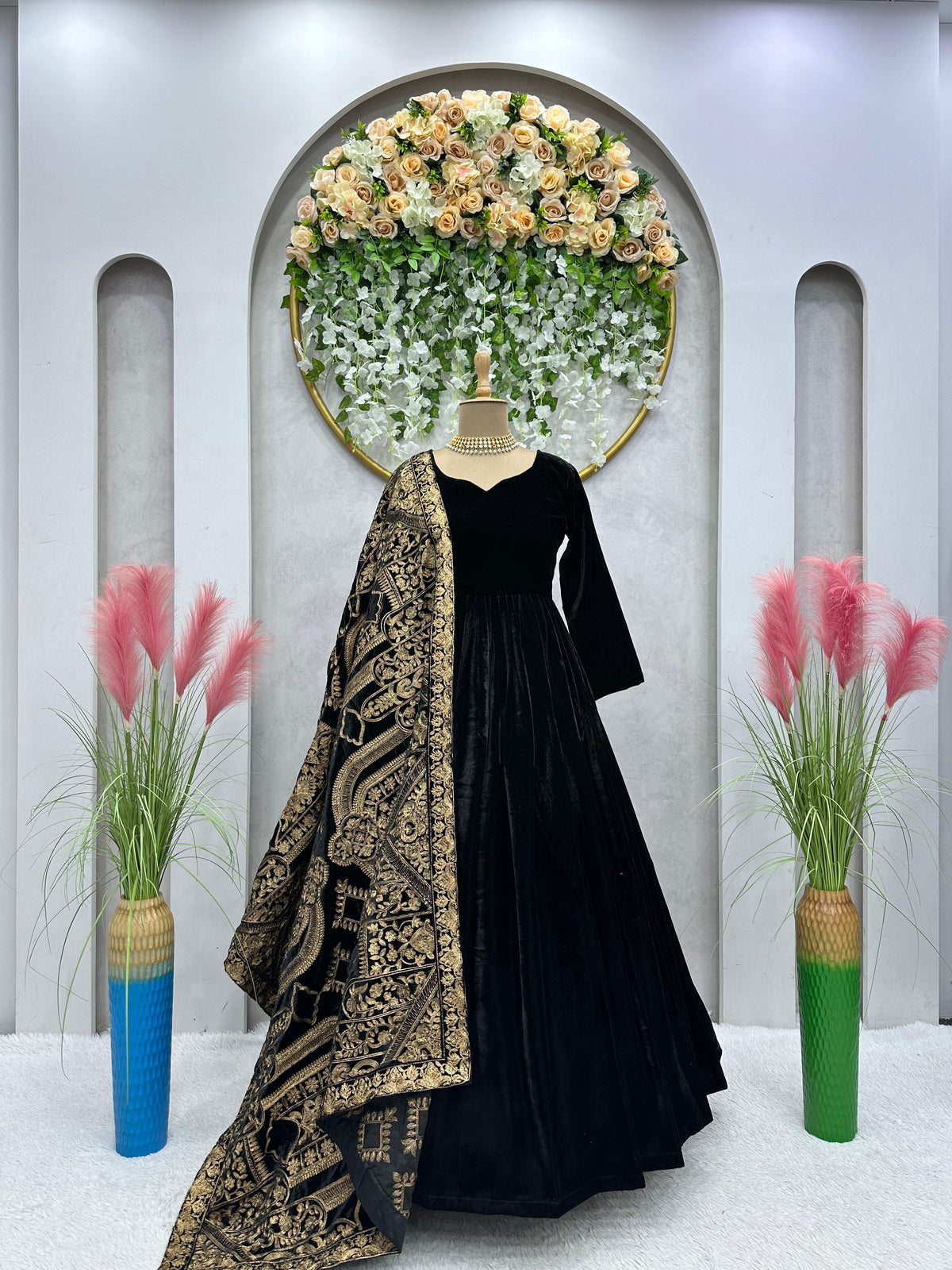 Black Velvet Long Anakali Gown Dupatta Set