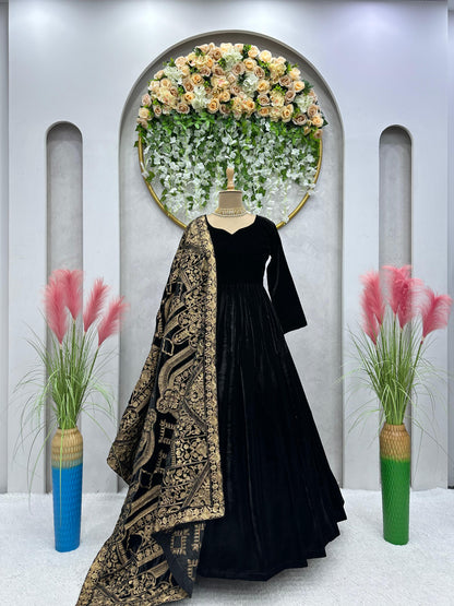 Black Velvet Long Anakali Gown Dupatta Set
