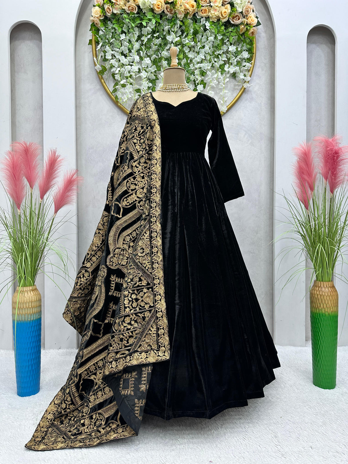Black Velvet Long Anakali Gown Dupatta Set