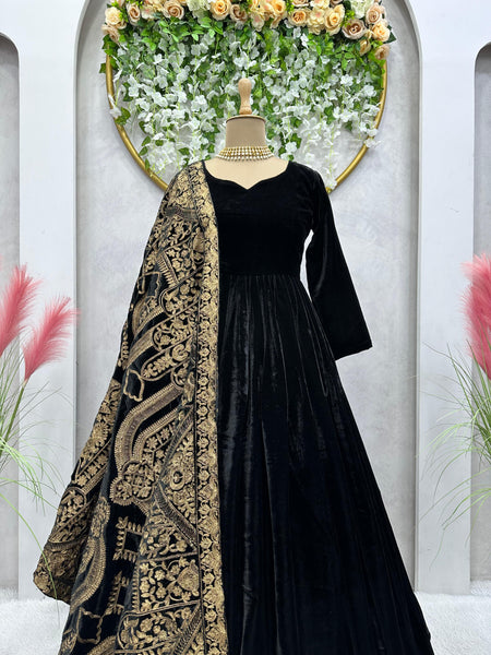 Black Velvet Long Anakali Gown Dupatta Set