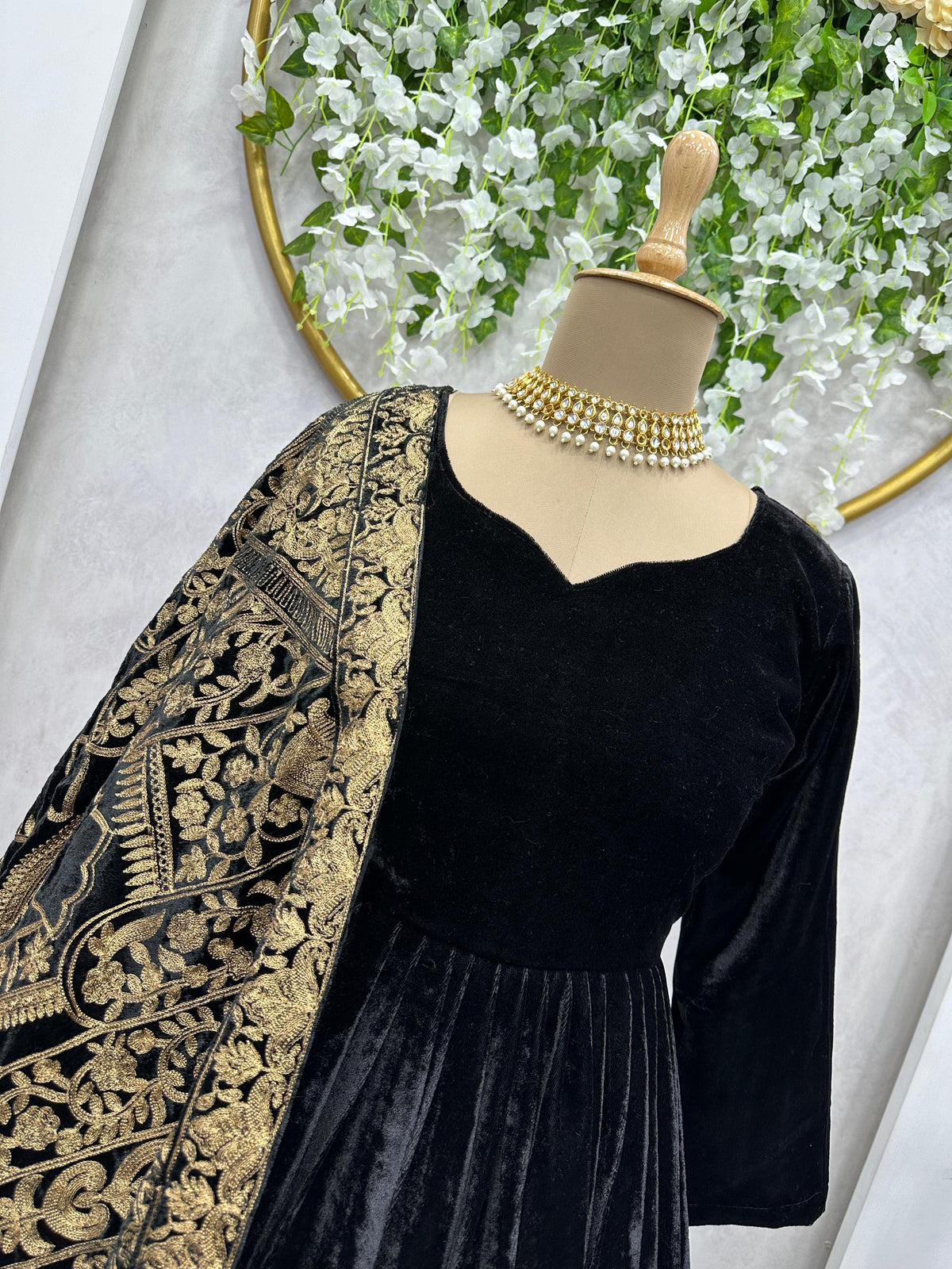 Black Velvet Long Anakali Gown Dupatta Set