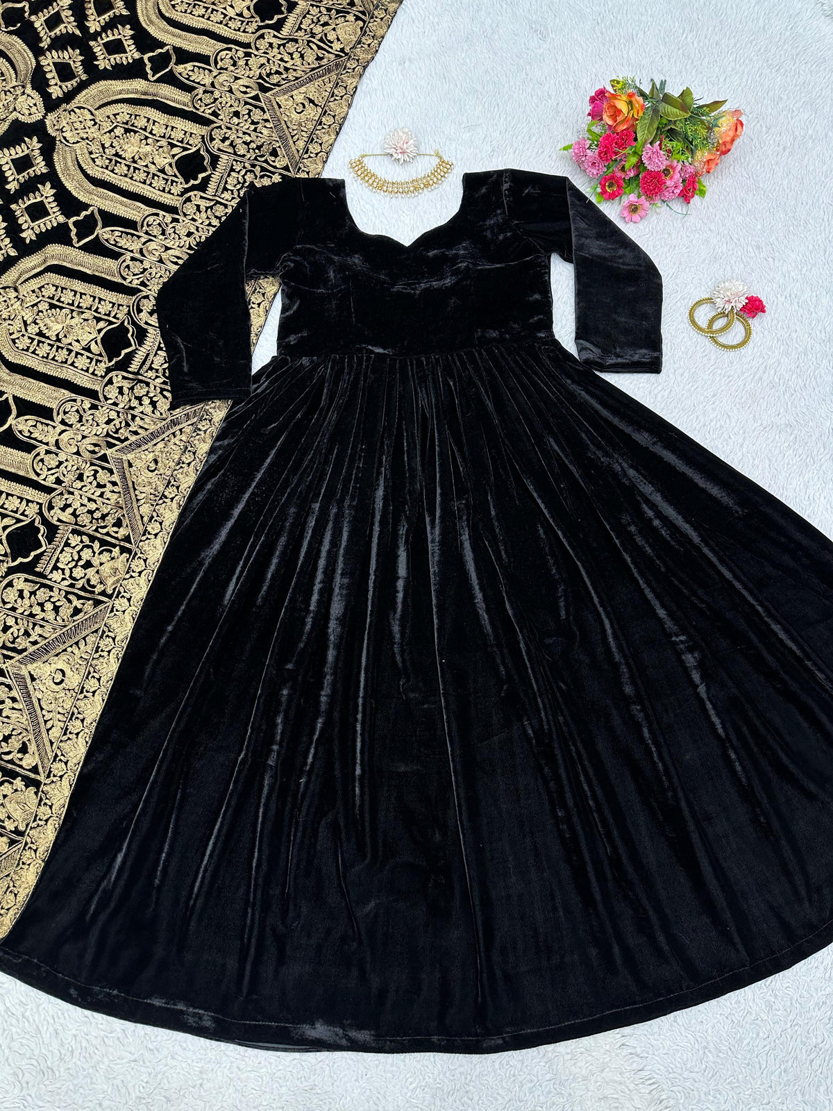 Black Velvet Long Anakali Gown Dupatta Set