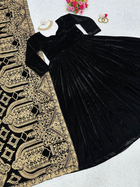 Black Velvet Long Anakali Gown Dupatta Set