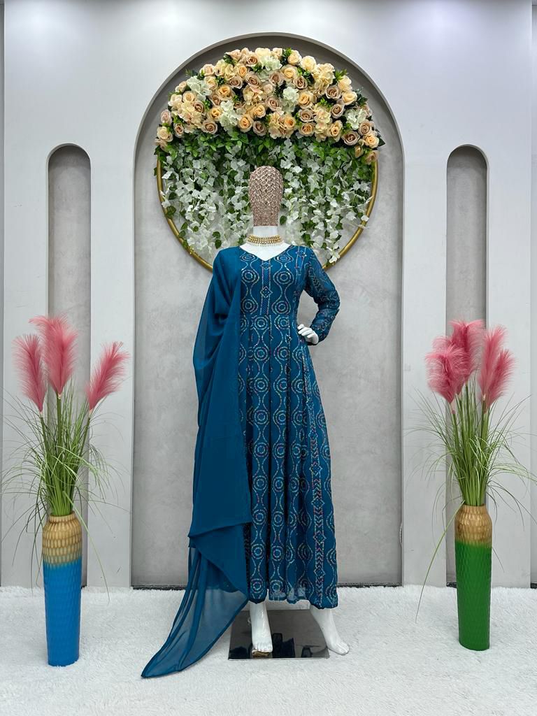 Blue Anakali Kurta with Pants & Dupatta For Women