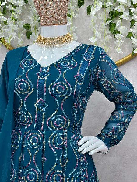 Blue Anakali Kurta with Pants & Dupatta For Women