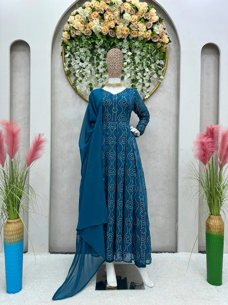 Blue Anakali Kurta with Pants & Dupatta For Women