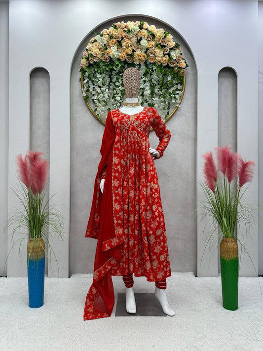 Novelty Red Color Muslin Silk Digital Printed Hand Work Anarkali Salwar Suit