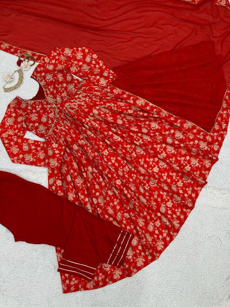 Novelty Red Color Muslin Silk Digital Printed Hand Work Anarkali Salwar Suit