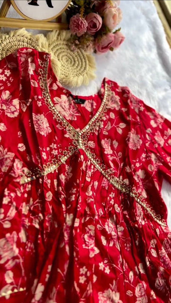 Novelty Red Color Muslin Silk Digital Printed Hand Work Anarkali Salwar Suit