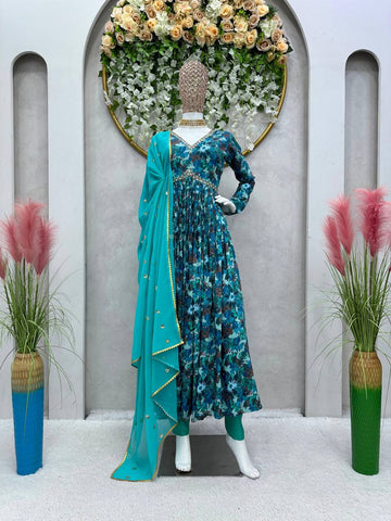 Pretty Rama Color Muslin Silk Digital Printed Hand Work Ready Made Salwar Suit