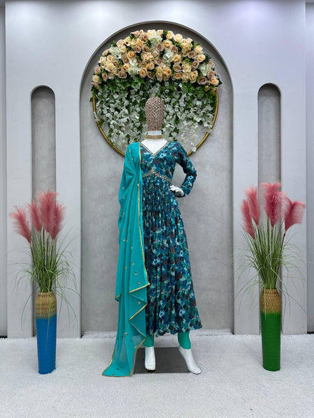 Pretty Rama Color Muslin Silk Digital Printed Hand Work Ready Made Salwar Suit