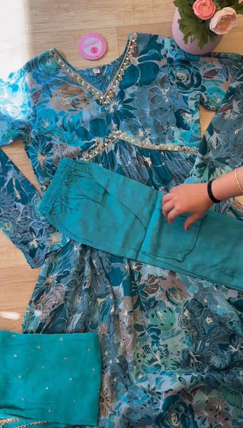 Pretty Rama Color Muslin Silk Digital Printed Hand Work Ready Made Salwar Suit