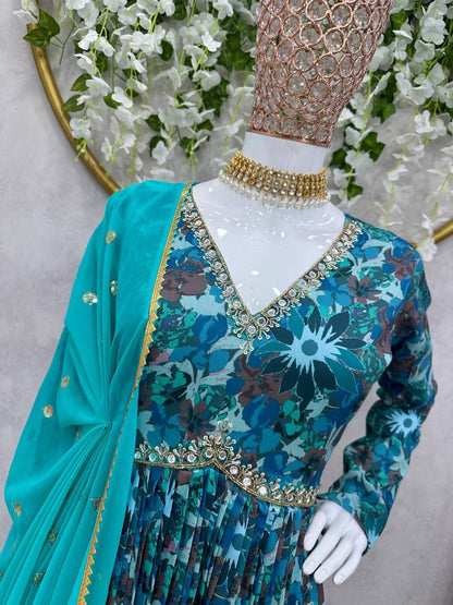 Pretty Rama Color Muslin Silk Digital Printed Hand Work Ready Made Salwar Suit