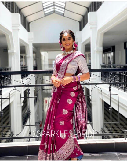 Magenta color Soft Lichi Silk Jacquard Reach pallu Saree with blouse