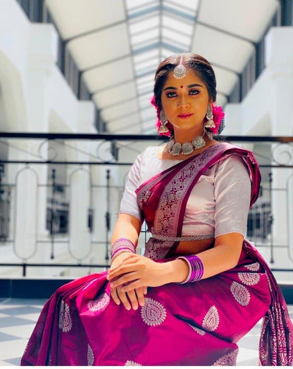 Magenta color Soft Lichi Silk Jacquard Reach pallu Saree with blouse