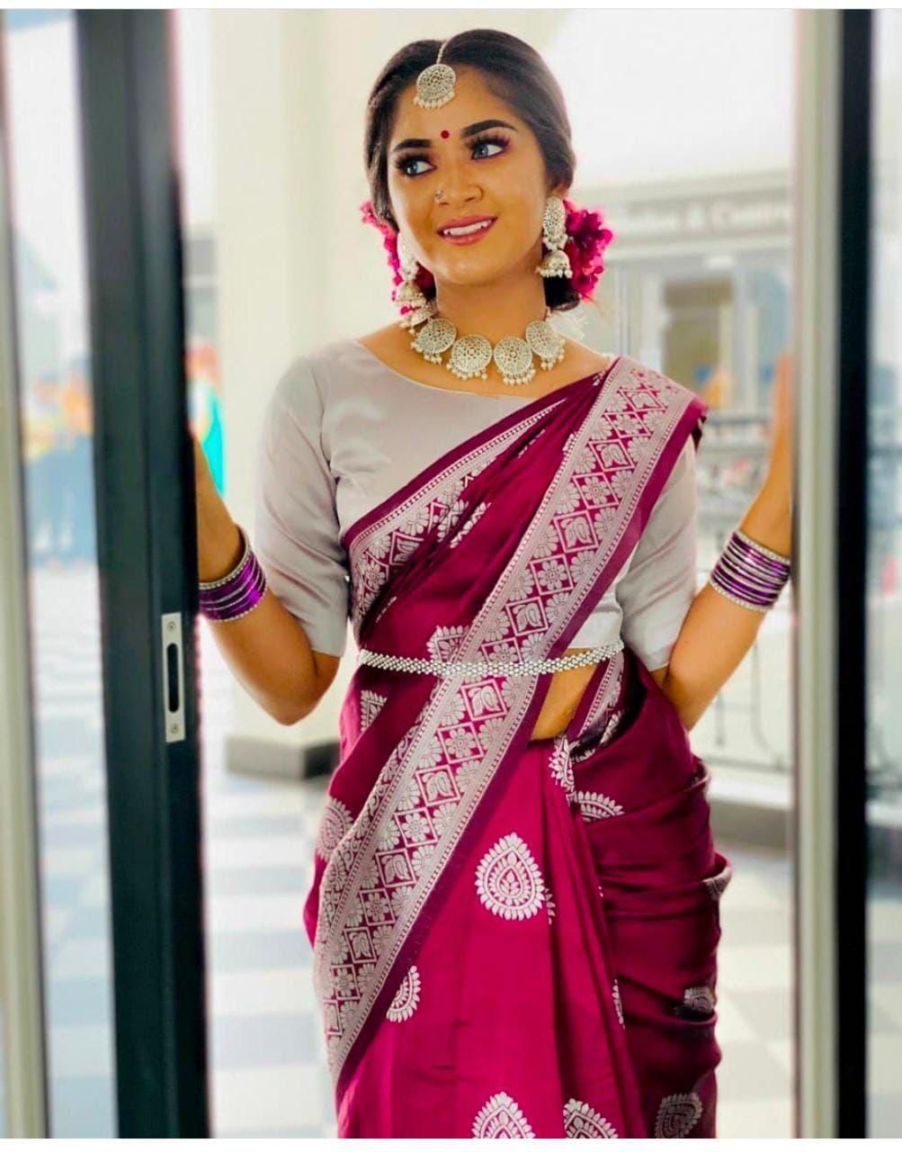Magenta color Soft Lichi Silk Jacquard Reach pallu Saree with blouse