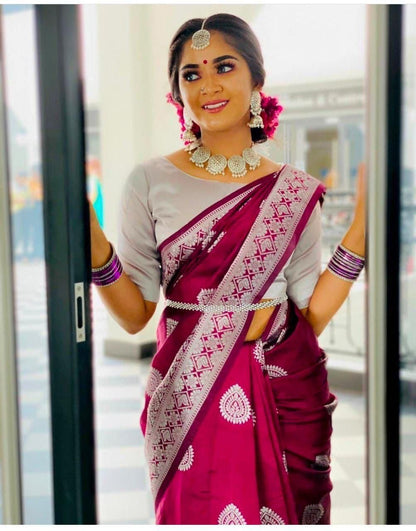 Magenta color Soft Lichi Silk Jacquard Reach pallu Saree with blouse