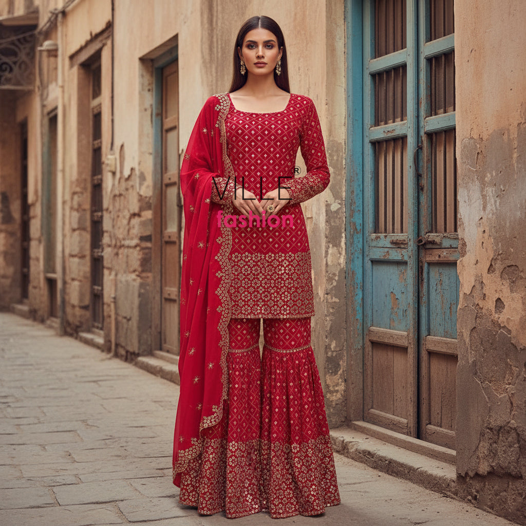Red Color Georgette Thread Work Sharara Suit