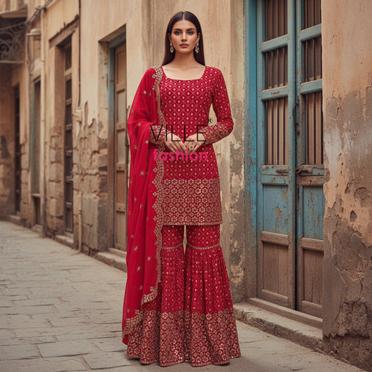 Red Color Georgette Thread Work Sharara Suit