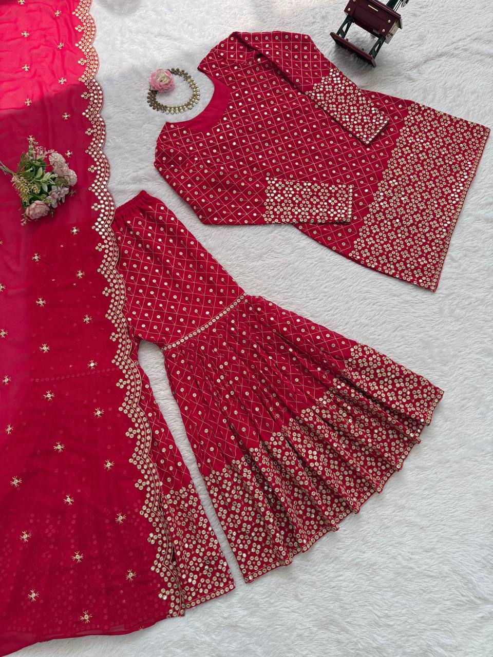 Red Color Georgette Thread Work Sharara Suit