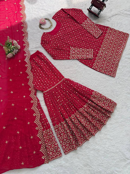 Red Color Georgette Thread Work Sharara Suit