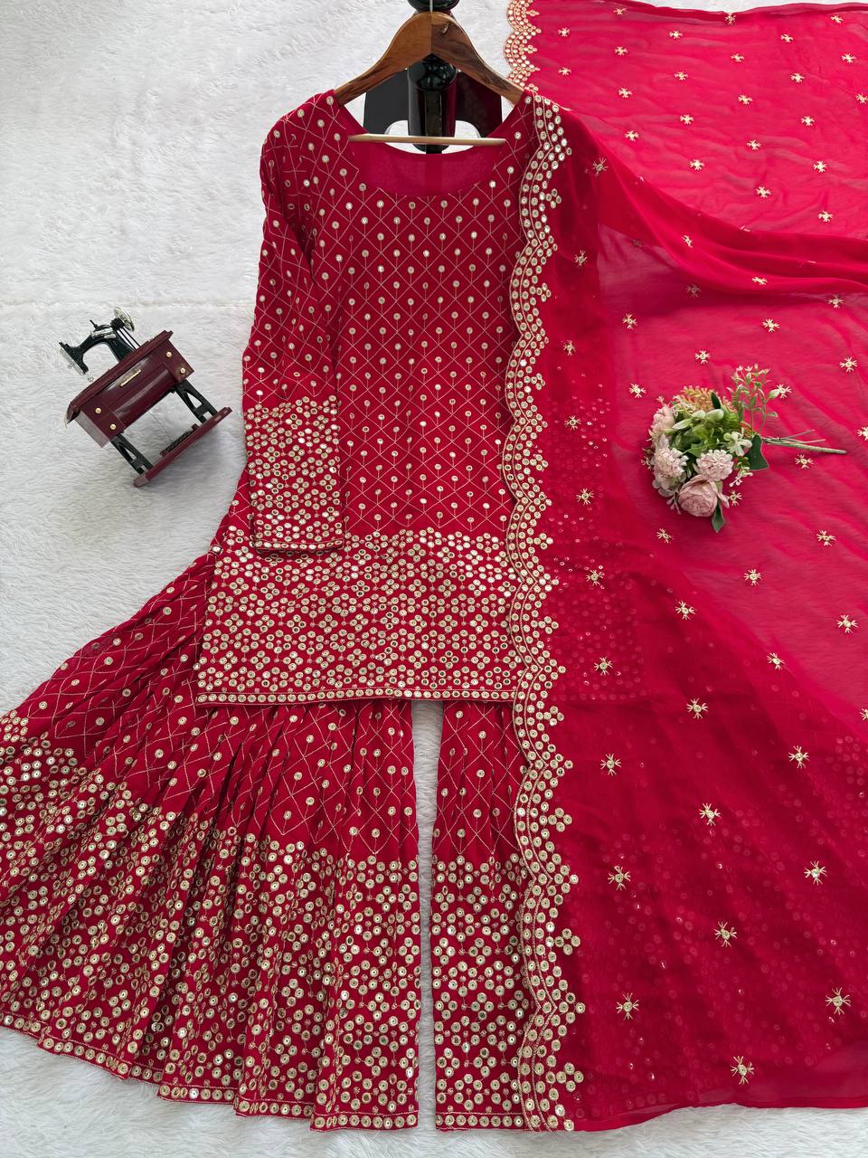 Red Color Georgette Thread Work Sharara Suit