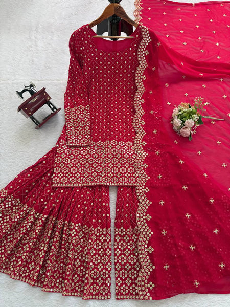 Red Color Georgette Thread Work Sharara Suit