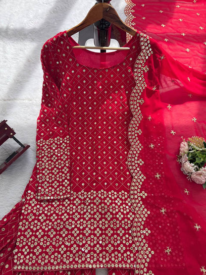 Red Color Georgette Thread Work Sharara Suit