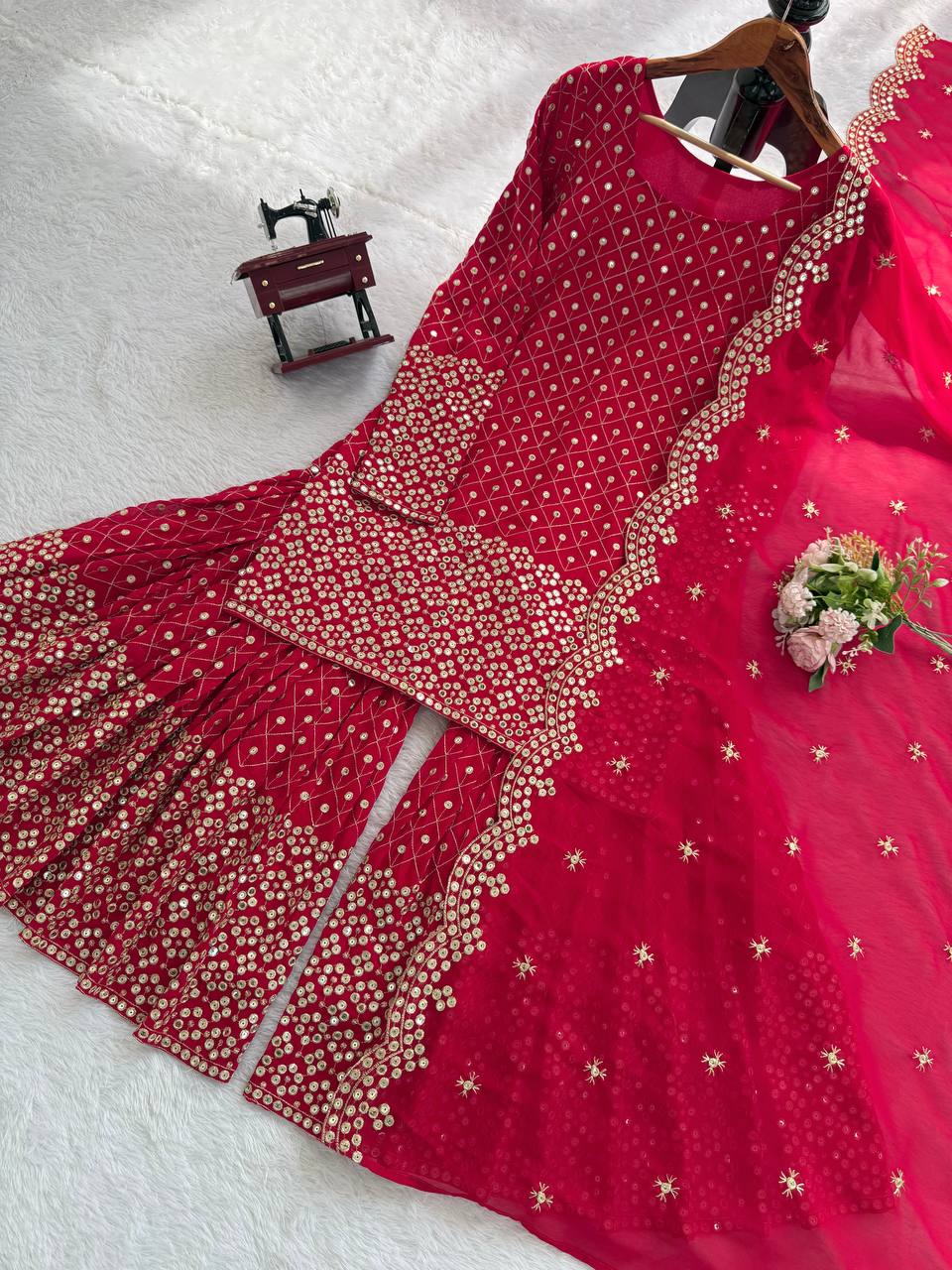 Red Color Georgette Thread Work Sharara Suit