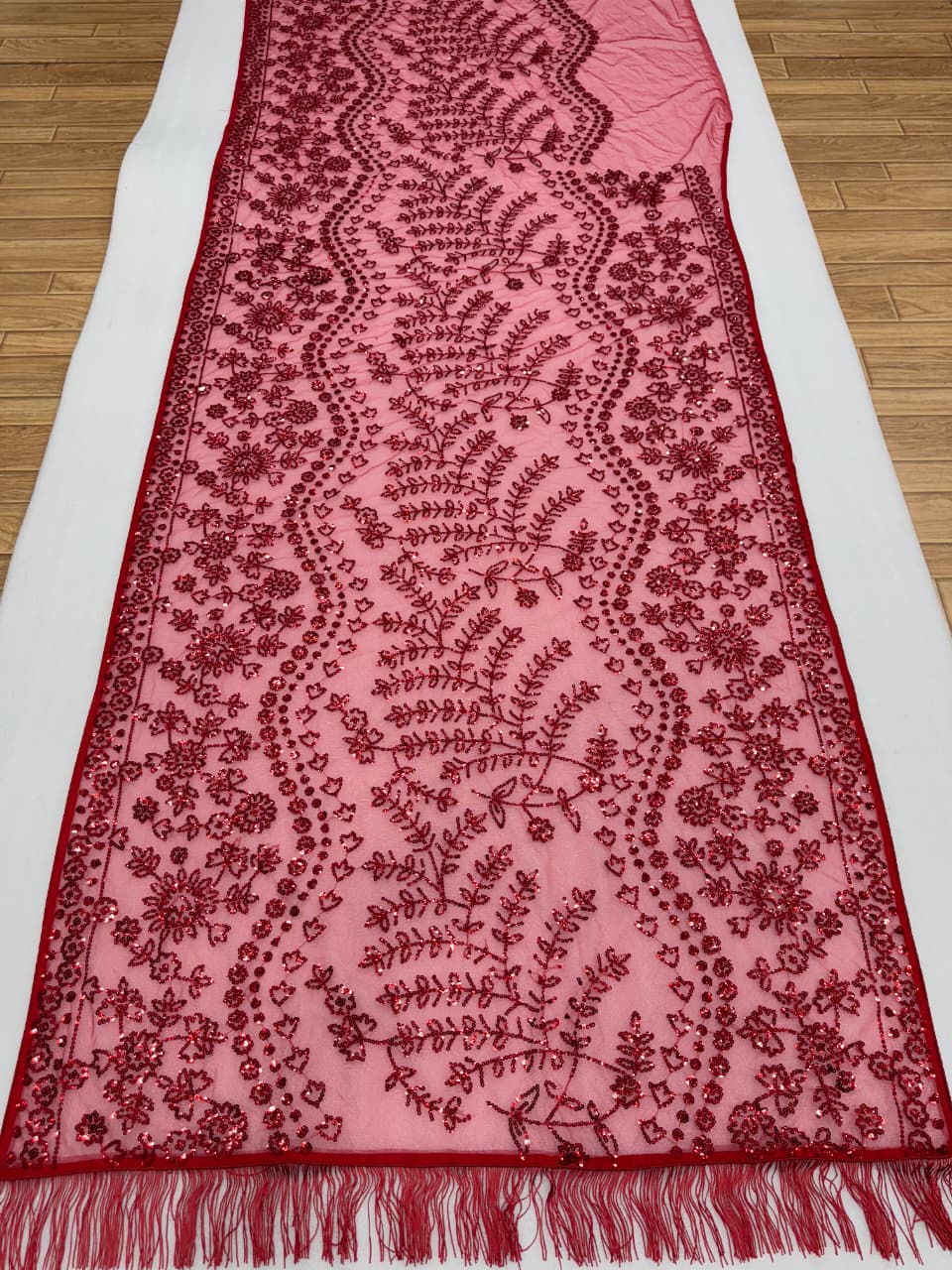 Exquisite Scarlet Sequined Net Saree