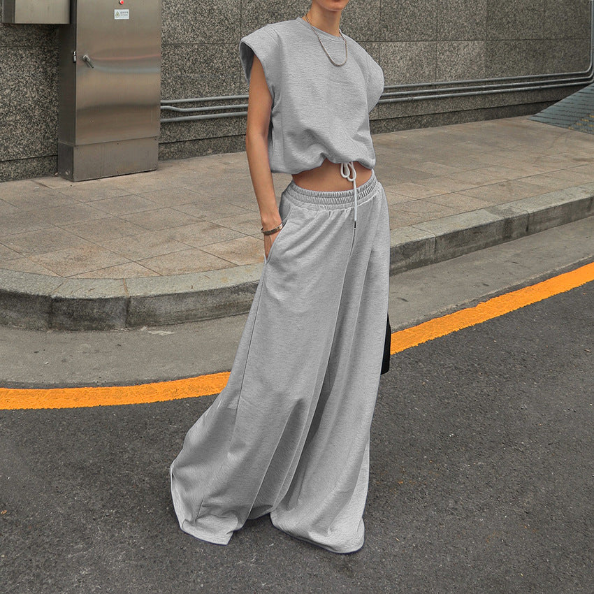 Sleeveless Pullover Top And Floor-length Wide-leg Pants Sweatshirt Set
