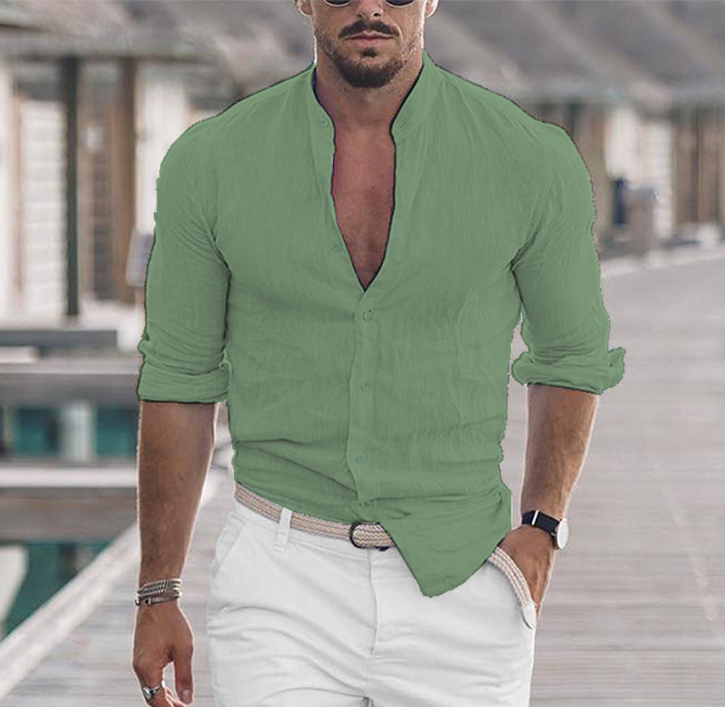 Men's Long Sleeve Shirt With Button Casual Solid Color Tops For Spring Autumn