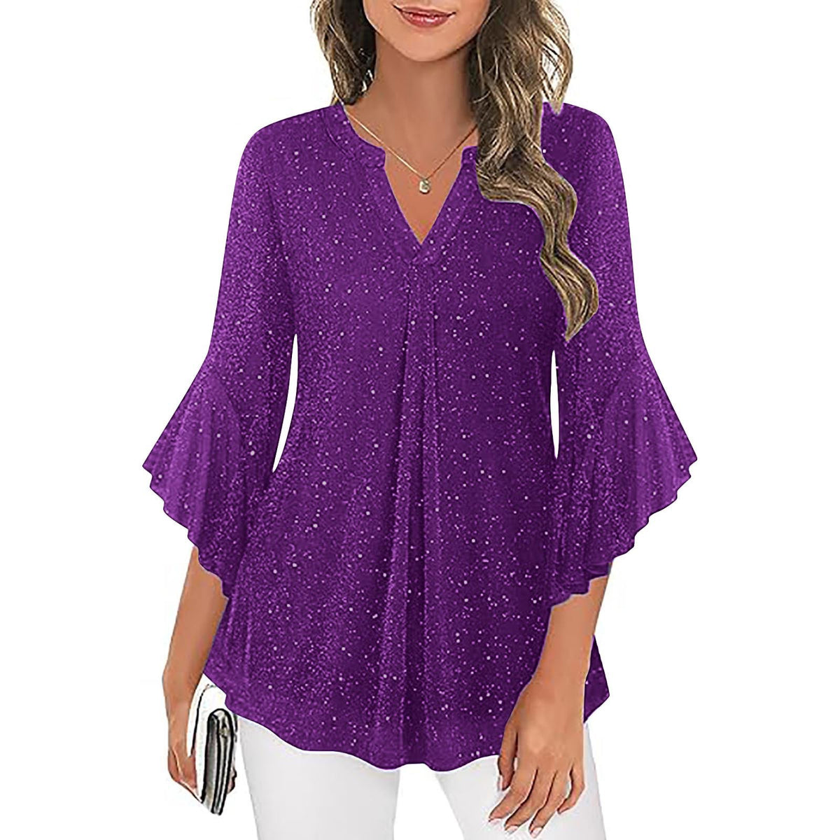 Womens Casual Silver-Thread Mesh V-Neck Petal Three-Quarter Sleeve Loose Top