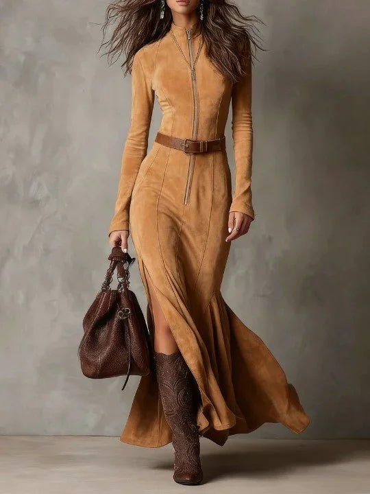 Slim Zipper Dress Elegant Temperament Split Long-sleeved Dresses Cowboy Fashion Retro Women's Clothing