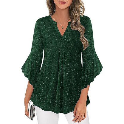 Womens Casual Silver-Thread Mesh V-Neck Petal Three-Quarter Sleeve Loose Top