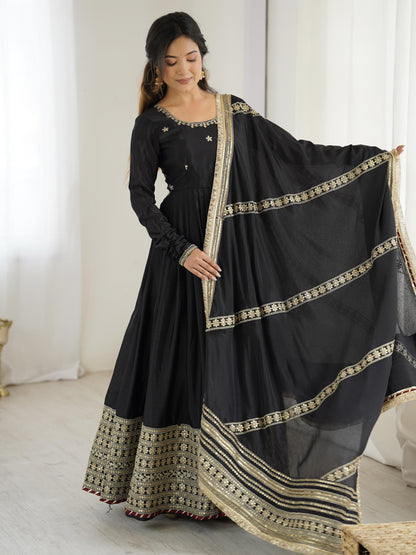 Elegant Chinon Silk Ethnic Set with Thread Sequence Embroidery